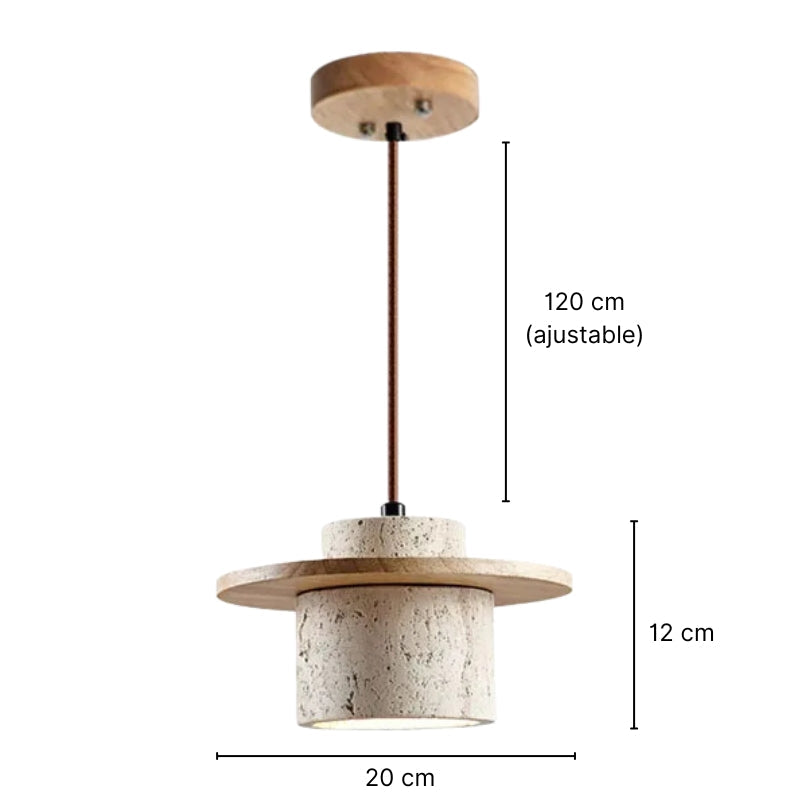 Plafonnier LED suspendu en pierre travertin et en bois naturel - Alte